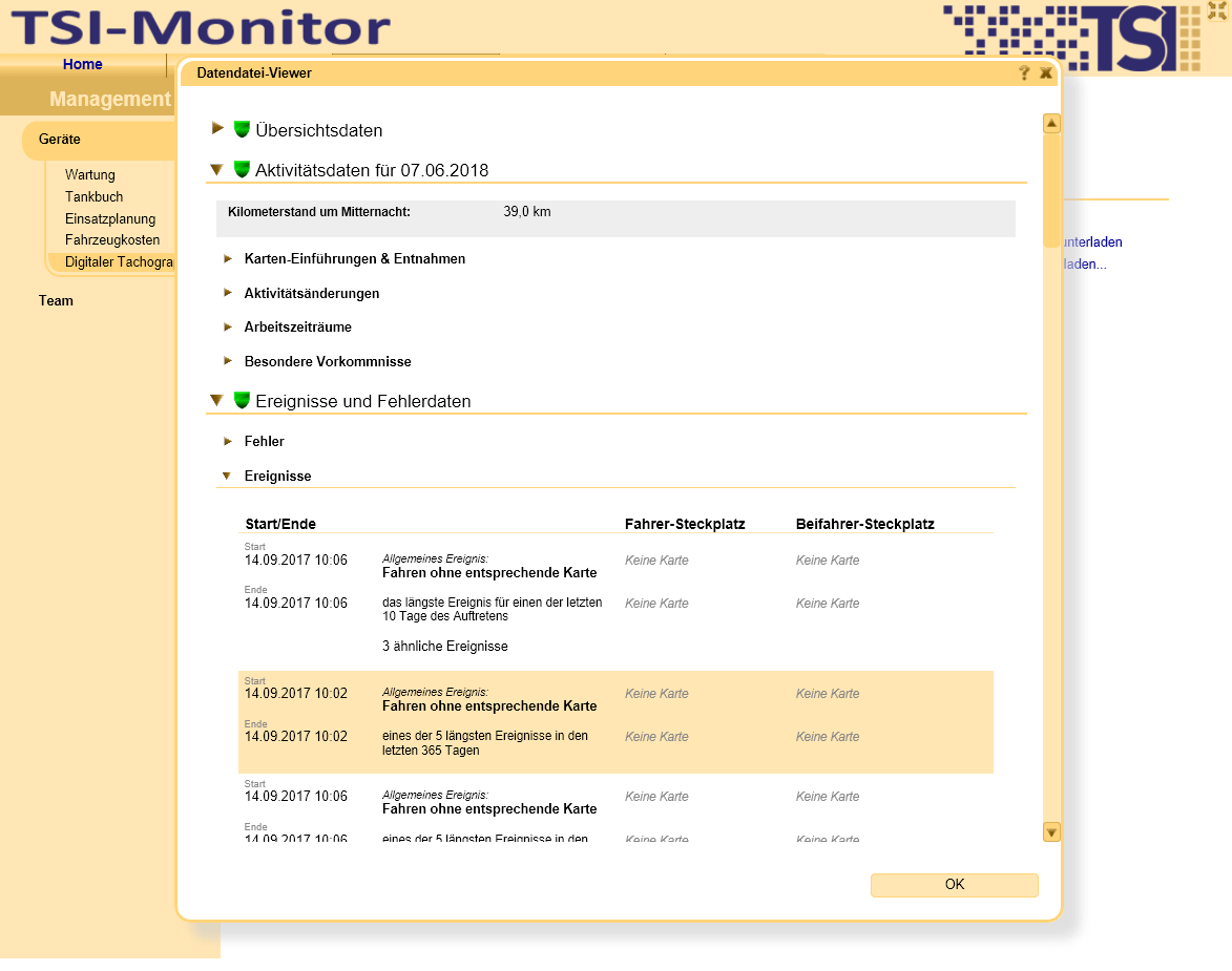 Detaillierte Ausgabe von Tachograph-Daten